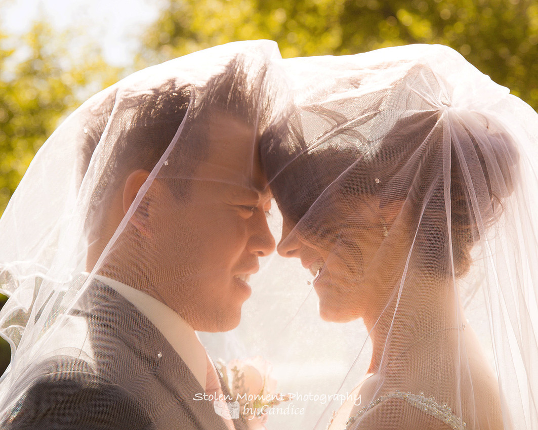 Bride and groom under veil