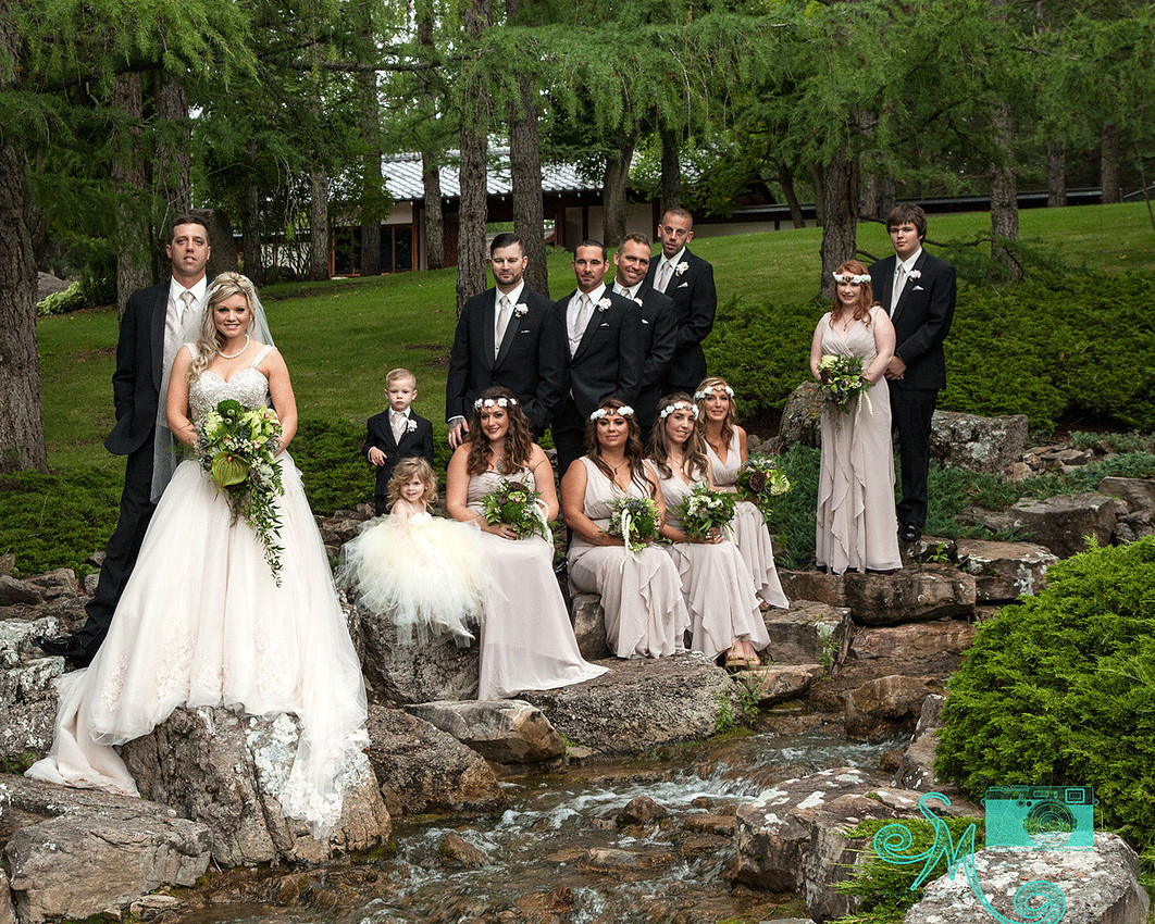 wedding party of fourteen standing on rocks near waterfall