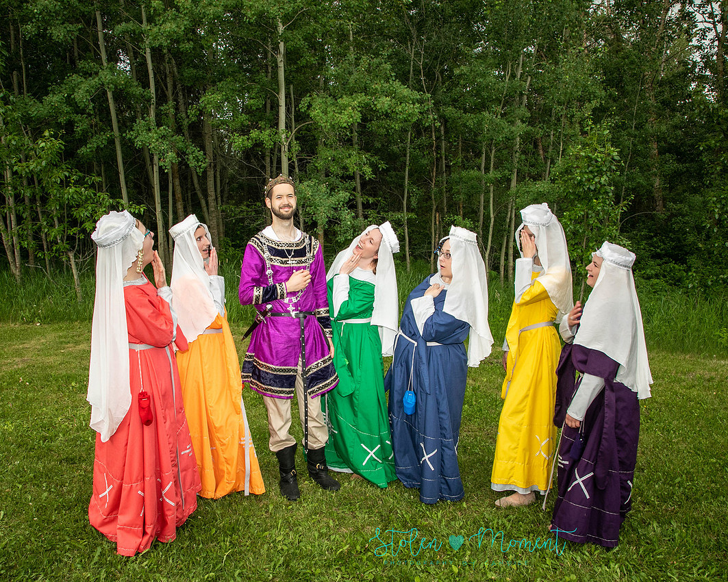 the six maids "swoon" over the groom who stands regally among them - all dressed in medieval garb