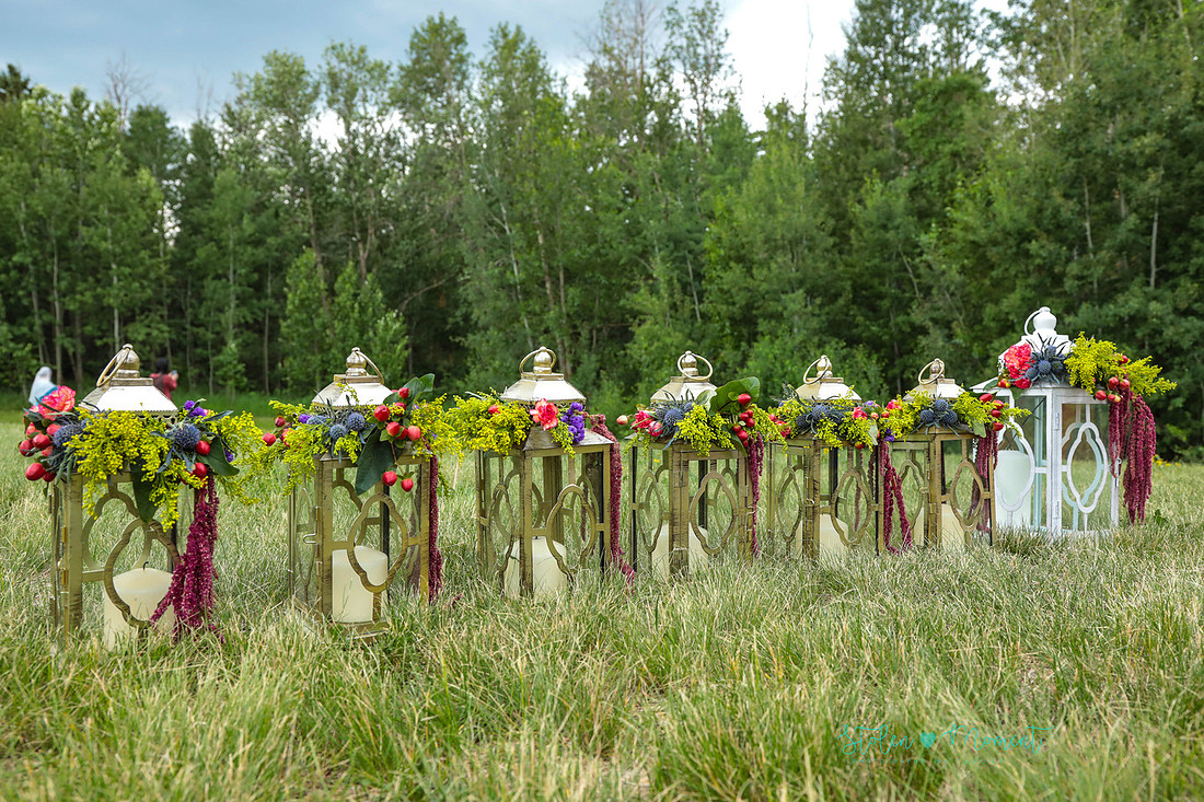 the seven lanterns from the wedding are lined up on the grass in front of the trees